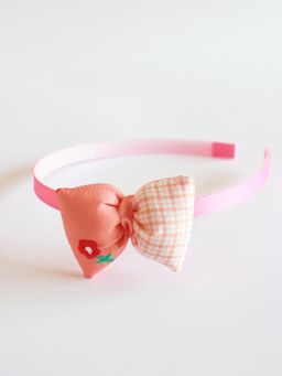 Choko - Peach Double Bow Satin & Check Slim Hair Band (3-12 Years)