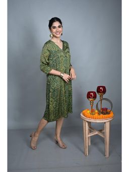 EARTHWEAR - Hand Block Printed Modal Silk V-Neck Midi Green Dress