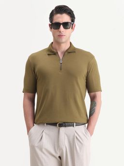 Rare Rabbit - Olive Cotton Blend Half Sleeves Polo T-Shirt