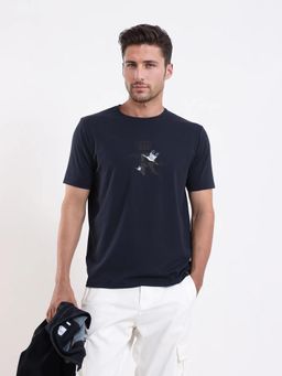 Rare Rabbit - Navy Blue Cotton Blend Half Sleeves T-Shirt