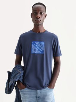 Rare Rabbit - Blue Cotton Blend Half Sleeves T-Shirt