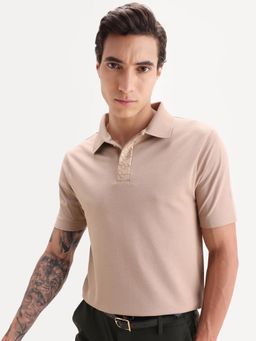 Rare Rabbit - Beige Cotton Blend Half Sleeves Polo T-Shirt