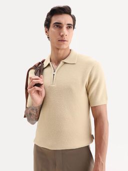 Rare Rabbit - Beige Cotton Blend Half Sleeves Polo T-Shirt