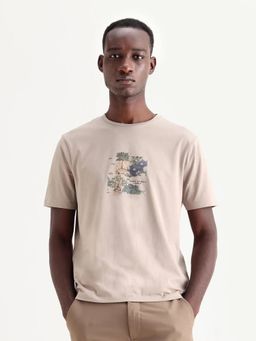 Rare Rabbit - Beige Cotton Blend Half Sleeves T-Shirt