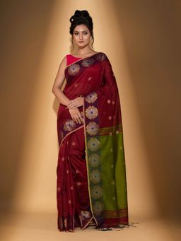 Beatitude - Maroon Blended Cotton Woven Saree with Unstitched Blouse