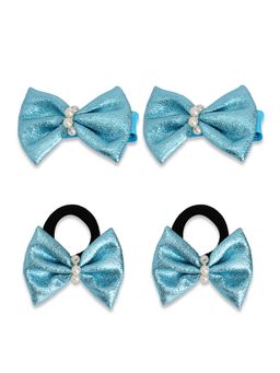 Ribbon Candy - Shiny Bow On Alligator Clips & Rubberbands - Blue (Set of 4)