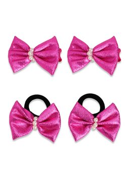 Ribbon Candy - Shiny Bow On Alligator Clips & Rubberbands - Pink (Set of 4)