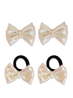 Ribbon Candy - Shiny Bow On Alligator Clips & Rubberbands -Off White (Set of 4)