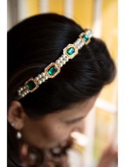 Ribbon Candy - Kundan Hairband With Pearls- Green