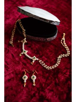Ribbon Candy - Kundan With Pearls Chain Necklace With Earrings- Green, Gold