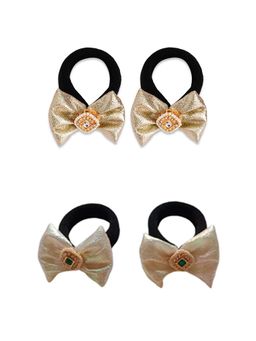 Ribbon Candy - Bow With A Kundan On Rubberbands - Golden, White (Pack of 4)