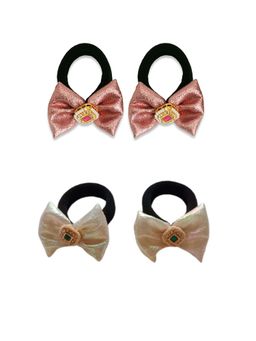 Ribbon Candy - Bow With A Kundan On Rubberband - White, Rose Pink (Pack of 4)