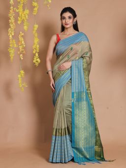 CHARUKRITI - Ecru Cotton Geometric Patterns & Ethnic Designs Handwoven Saree with Unstitched Blouse