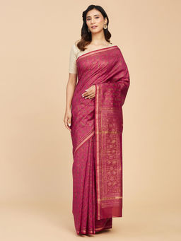 Fabindia - Red Cotton Silk Hand Block Printed Saree Without Blouse