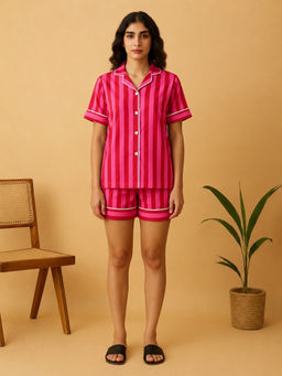 Blissence - Women Pink Cotton Shirt with Shorts