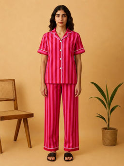 Blissence - Women Pink Cotton Shirt with Pyjama