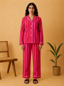 Blissence - Women Pink Cotton Shirt with Pyjama
