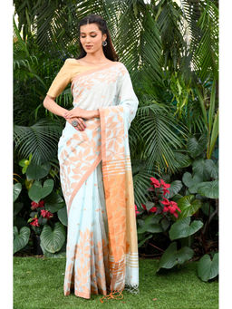 Beatitude - Blue Handloom Cotton Silk Saree with Unstitched Blouse