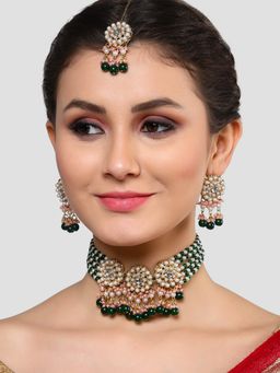Karatcart - Gold Plated Multi-Color Pearl Beaded Kundan Choker Necklace Set for Women