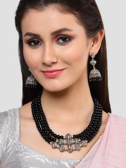 Karatcart - Oxidised Silver Black Beads Kundan Necklace Set for Women