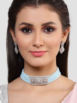 Karatcart - Silver Tone Light Blue Crystal Cubic Zirconia Choker Necklace Set for Women