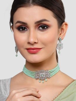 Karatcart - Silver Tone Light Green Crystal Cubic Zirconia Choker Necklace Set for Women