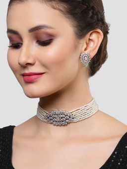 Karatcart - Silver Tone Pearl Beaded Pink Cubic Zirconia Choker Necklace Set for Women