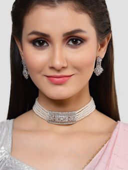 Karatcart - Silver Tone Pearl Beaded Cubic Zirconia Choker Necklace Set for Women