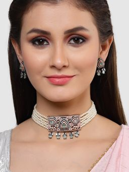Karatcart - Rose Gold Plated Pearl Beaded Cubic Zirconia Choker Necklace Set for Women