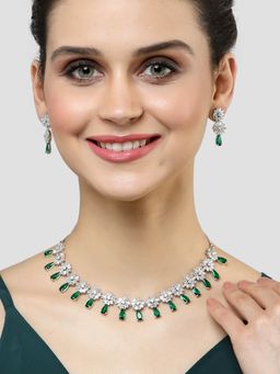 Karatcart - Silver Tone Floral Design Green Cubic Zirconia Studded Necklace Set
