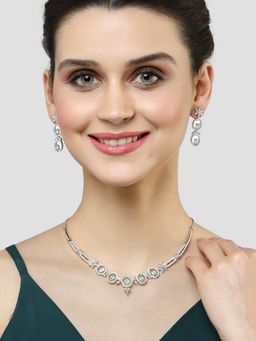 Karatcart - Silver Tone Floral Design Light Green Cubic Zirconia Studded Necklace Set
