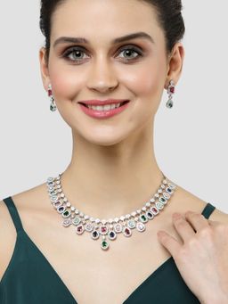 Karatcart - Silver Toned Multi-Color American Diamond and CZ Studded Jewellery Set for Women