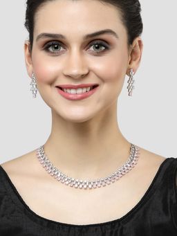 Karatcart - Silver Tone Pink Cubic Zirconia Studded Necklace Set