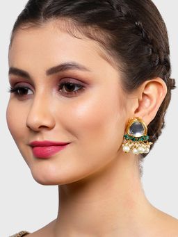 Karatcart - Gold Plated Green Crystal and Pearl Studded Polki Kundan Stud Earrings for Women
