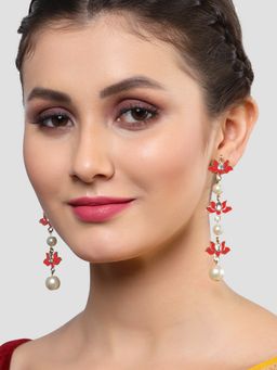 Karatcart - Gold Plated Red Meenakari and Pearl Kundan Drop Earrings for Women