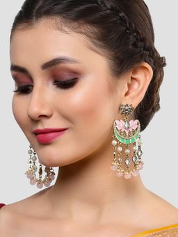 Karatcart - Gold Plated Multi-Color Meenakari Lotus Design Kundan Dangler Earrings