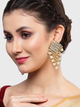 Karatcart - Gold Plated Diamond Shape Pearl Studded Kundan Dangler Earrings for Women