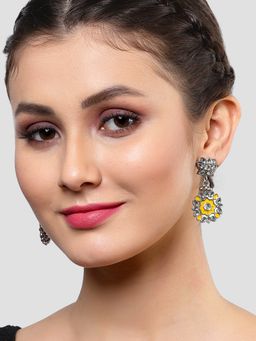 Karatcart - Oxidised Silver Yellow Meenakari Floral Design Kundan Dangler Earrings for Women