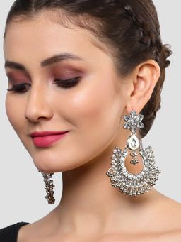 Karatcart - Oxidised Silver Ball and Pearl Studded Kundan Chandbali Earrings for Women