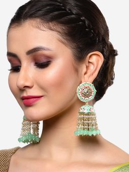 Karatcart - Gold Plated Lime Green Meenakari and Pearl Studded Floral Kundan Jhumki Earrings