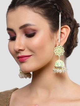 Karatcart - Gold Plated Floral Design Pearl Studded Green Meenakari Kaanchain Jhumki Earrings