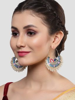 Karatcart - Gold Plated Peacock Design Pearl Studded Multi-Color Meenakari Chandbali Earrings