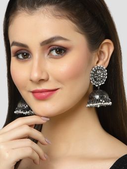 Karatcart - Black Silver Plated Kundan Studded Jhumki Earrings for Women