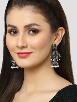 Karatcart - Oxidised Silver Black Stone Studded Dangler Jhumki Earrings for Women
