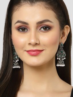 Karatcart - Oxidised Silver Green Stone Studded Dangler Jhumki Earrings for Women