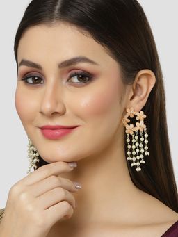 Karatcart - Gold Plated Floral Design Peach Kundan Pearl Tassel Earrings for Women