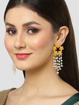Karatcart - Gold Plated Floral Design Yellow Kundan Pearl Tassel Earrings for Women