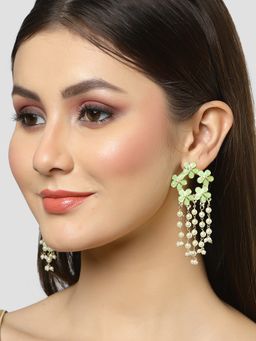 Karatcart - Gold Plated Floral Design Light Green Kundan Pearl Tassel Earrings for Women
