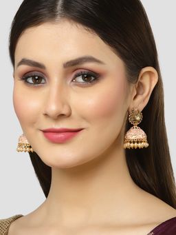 Karatcart - Gold Plated Peach Meenakari Golden Pearl Jhumki Earrings for Women