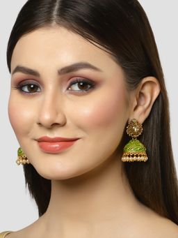 Karatcart - Gold Plated Green Meenakari Golden Pearl Jhumki Earrings for Women